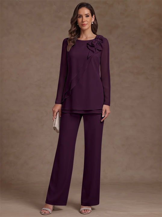 2 Pieces Scoop Chiffon Mother of the Bride Pantsuits Floral Long Sleeves Ankle-Length Ruffles
