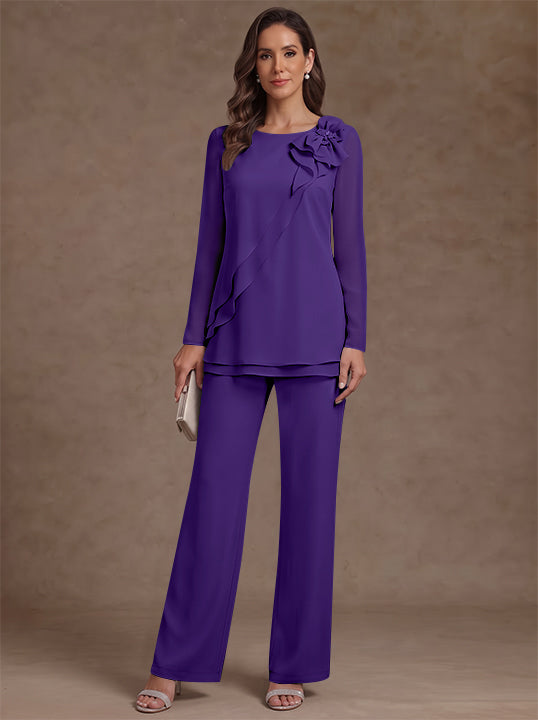 2 Pieces Scoop Chiffon Mother of the Bride Pantsuits Floral Long Sleeves Ankle-Length Ruffles