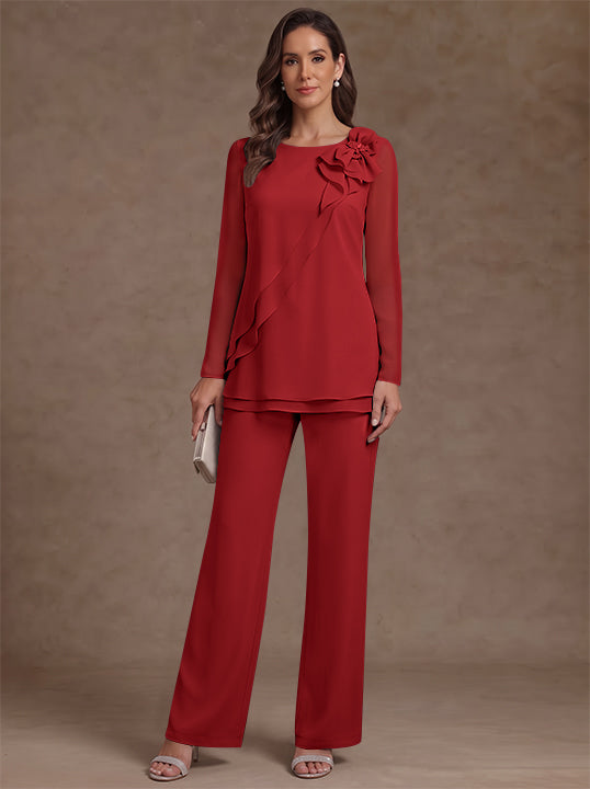 2 Pieces Scoop Chiffon Mother of the Bride Pantsuits Floral Long Sleeves Ankle-Length Ruffles