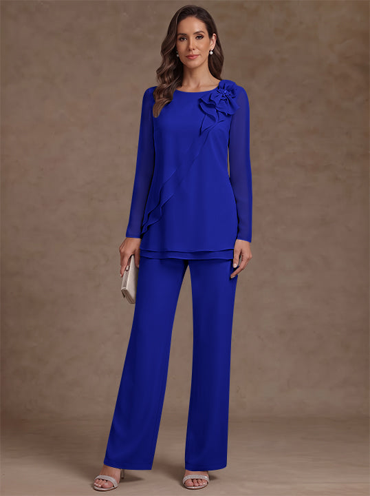 2 Pieces Scoop Chiffon Mother of the Bride Pantsuits Floral Long Sleeves Ankle-Length Ruffles