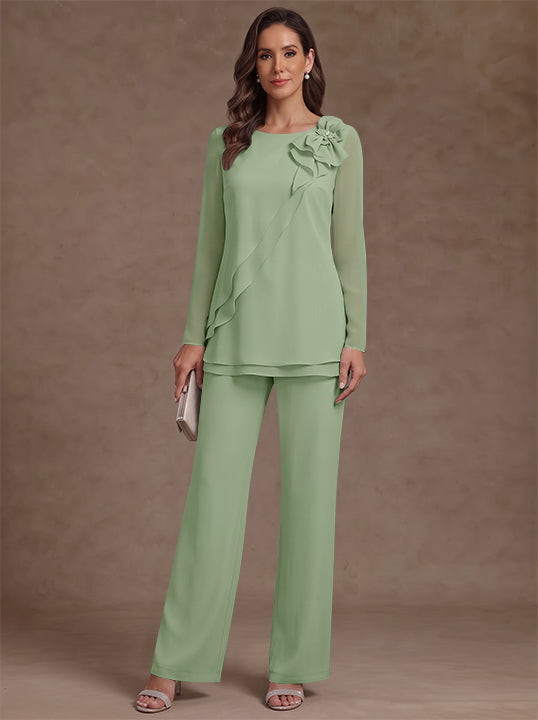 2 Pieces Scoop Chiffon Mother of the Bride Pantsuits Floral Long Sleeves Ankle-Length Ruffles