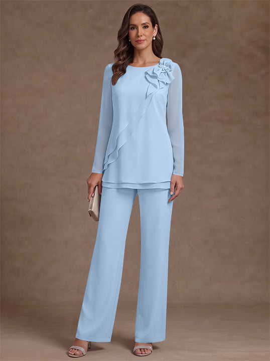 2 Pieces Scoop Chiffon Mother of the Bride Pantsuits Floral Long Sleeves Ankle-Length Ruffles