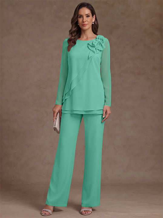 2 Pieces Scoop Chiffon Mother of the Bride Pantsuits Floral Long Sleeves Ankle-Length Ruffles