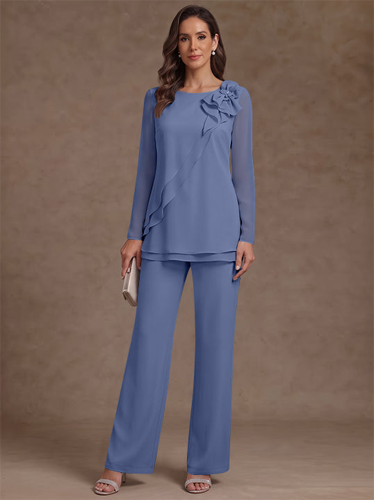 2 Pieces Scoop Chiffon Mother of the Bride Pantsuits Floral Long Sleeves Ankle-Length Ruffles