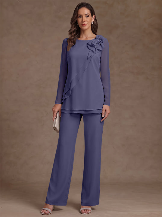 2 Pieces Scoop Chiffon Mother of the Bride Pantsuits Floral Long Sleeves Ankle-Length Ruffles