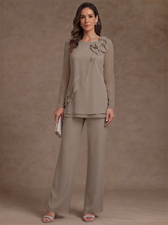 2 Pieces Scoop Chiffon Mother of the Bride Pantsuits Floral Long Sleeves Ankle-Length Ruffles