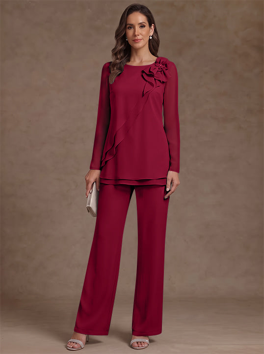 2 Pieces Scoop Chiffon Mother of the Bride Pantsuits Floral Long Sleeves Ankle-Length Ruffles