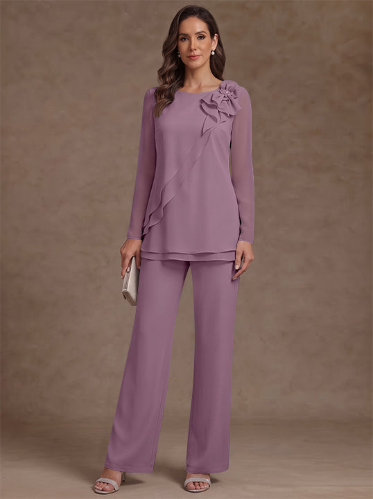 2 Pieces Scoop Chiffon Mother of the Bride Pantsuits Floral Long Sleeves Ankle-Length Ruffles