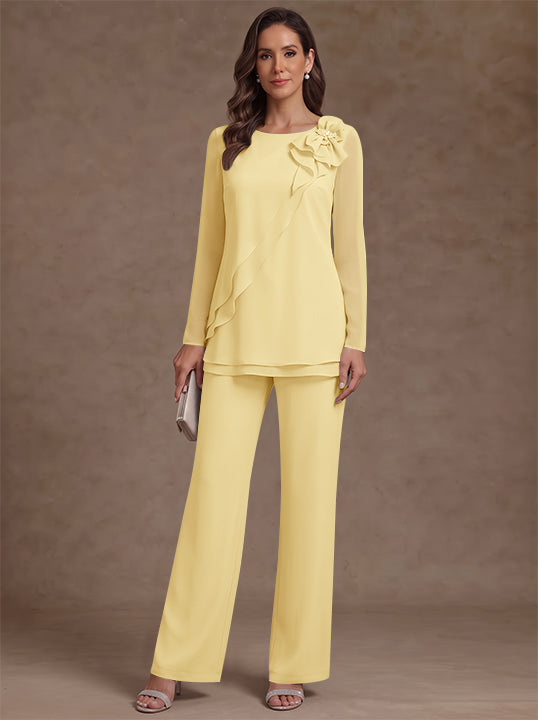 2 Pieces Scoop Chiffon Mother of the Bride Pantsuits Floral Long Sleeves Ankle-Length Ruffles