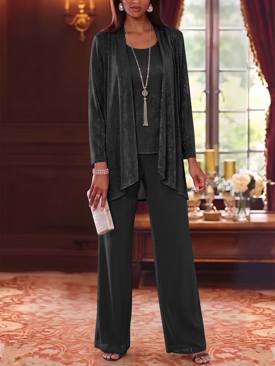 3 Pieces Scoop Chiffon Mother of the Bride Pantsuits with Jacket Long Sleeves Floor-Length