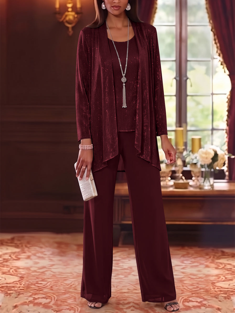 3 Pieces Scoop Chiffon Mother of the Bride Pantsuits with Jacket Long Sleeves Floor-Length