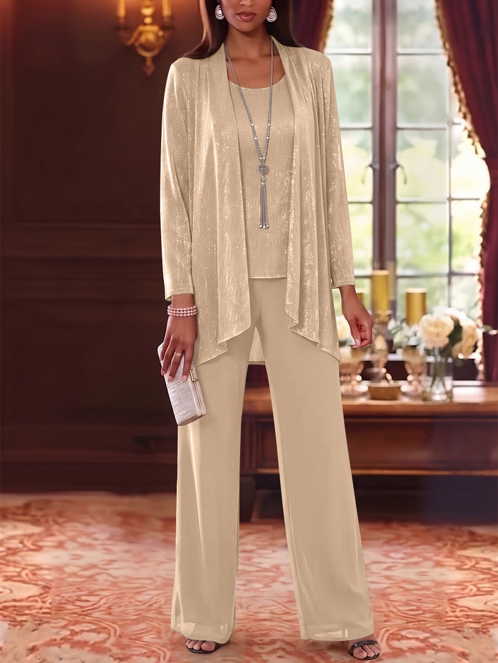 3 Pieces Scoop Chiffon Mother of the Bride Pantsuits with Jacket Long Sleeves Floor-Length