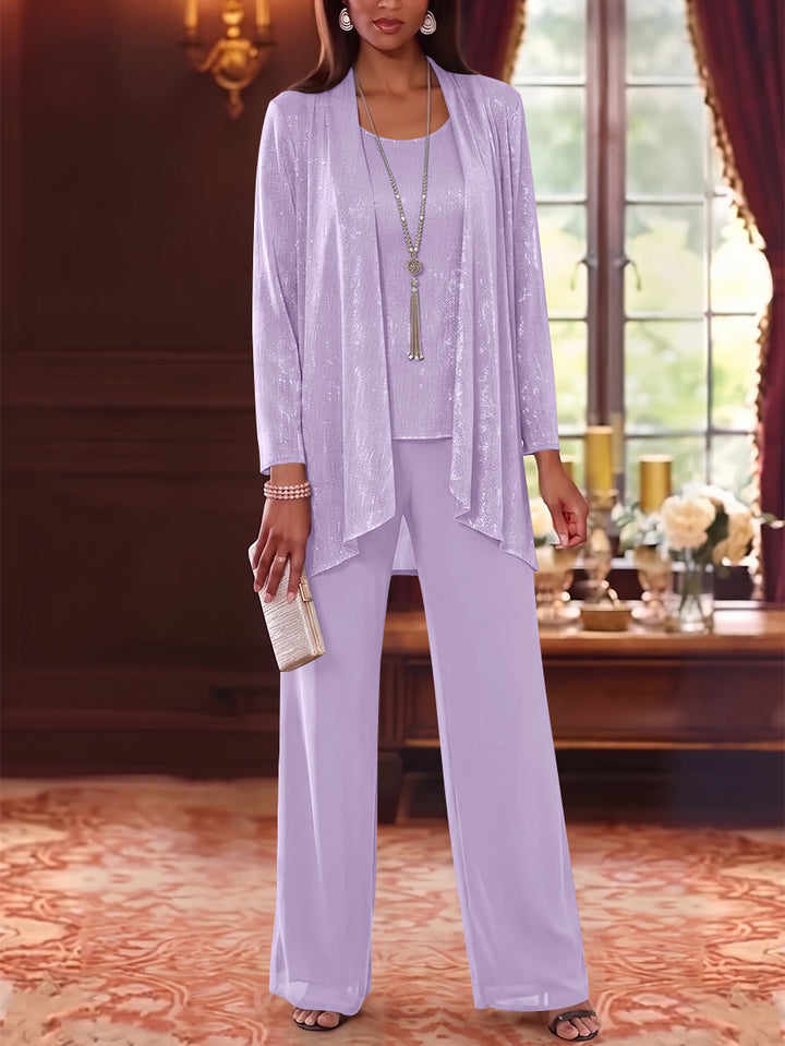 3 Pieces Scoop Chiffon Mother of the Bride Pantsuits with Jacket Long Sleeves Floor-Length