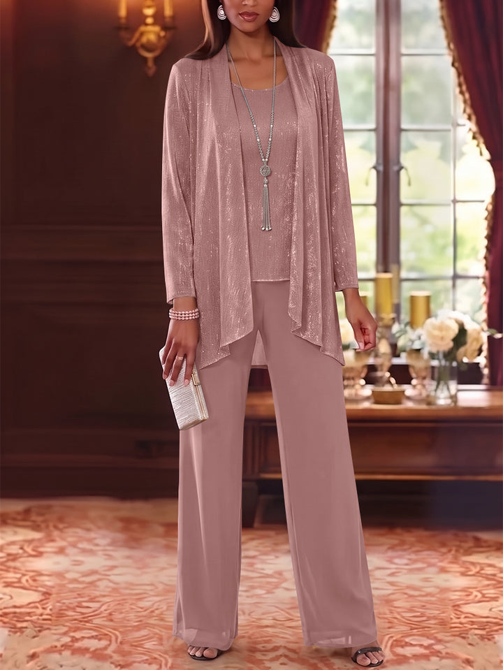 3 Pieces Scoop Chiffon Mother of the Bride Pantsuits with Jacket Long Sleeves Floor-Length