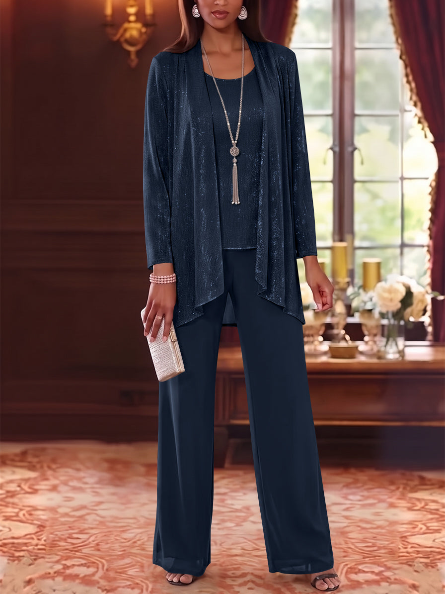 3 Pieces Scoop Chiffon Mother of the Bride Pantsuits with Jacket Long Sleeves Floor-Length