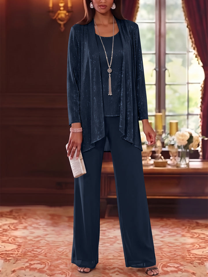 3 Pieces Scoop Chiffon Mother of the Bride Pantsuits with Jacket Long Sleeves Floor-Length