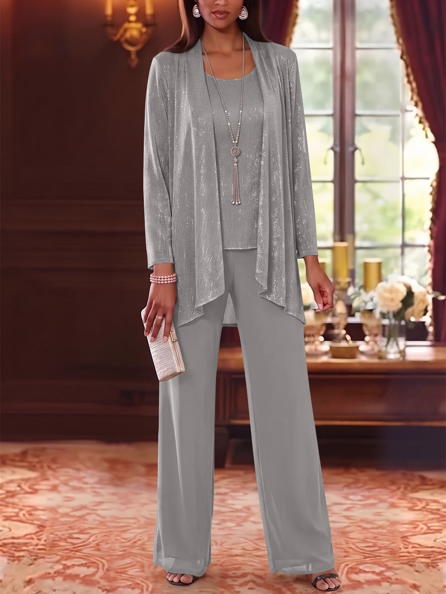 3 Pieces Scoop Chiffon Mother of the Bride Pantsuits with Jacket Long Sleeves Floor-Length