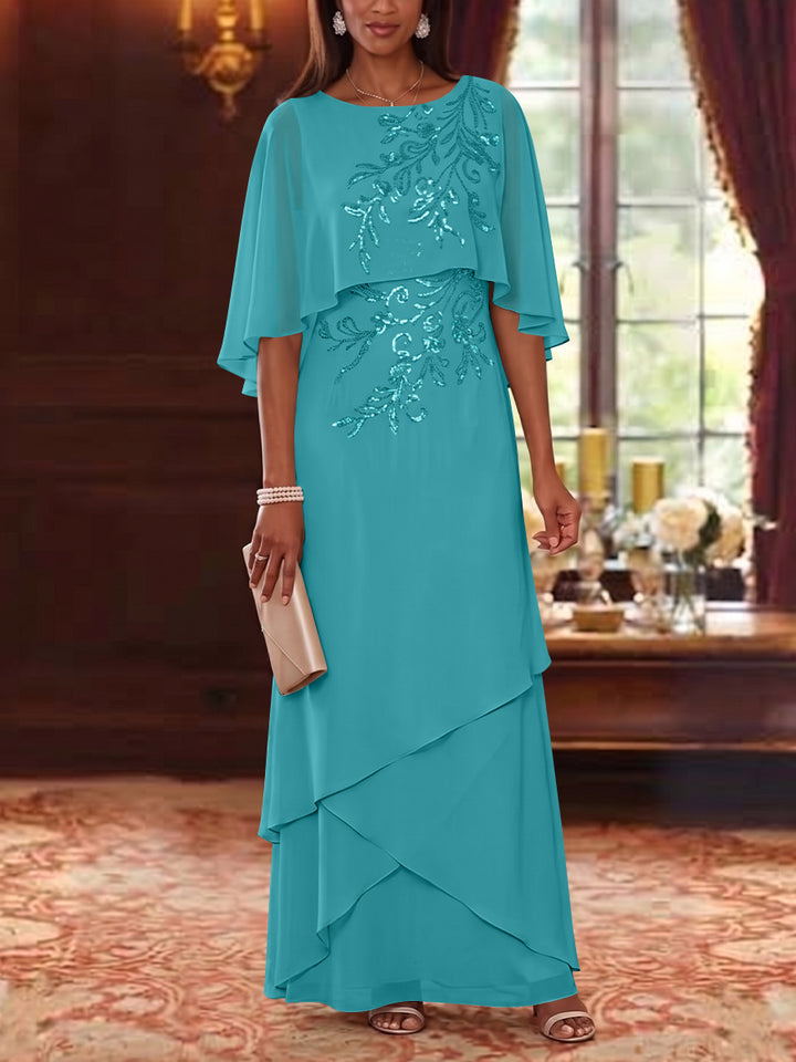A-Line/Princess Scoop Chiffon Mother of the Bride Dresses Cape Sleeves Floor-Length Floral Sequins