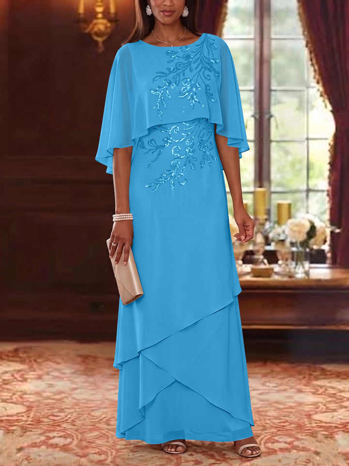 A-Line/Princess Scoop Chiffon Mother of the Bride Dresses Cape Sleeves Floor-Length Floral Sequins