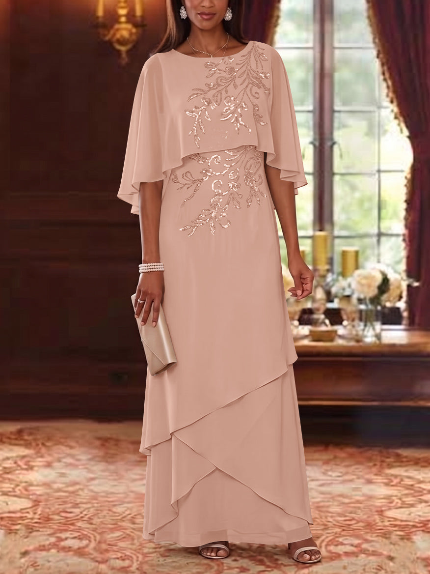 A-Line/Princess Scoop Chiffon Mother of the Bride Dresses Cape Sleeves Floor-Length Floral Sequins