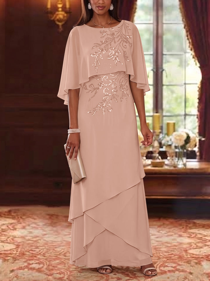 A-Line/Princess Scoop Chiffon Mother of the Bride Dresses Cape Sleeves Floor-Length Floral Sequins