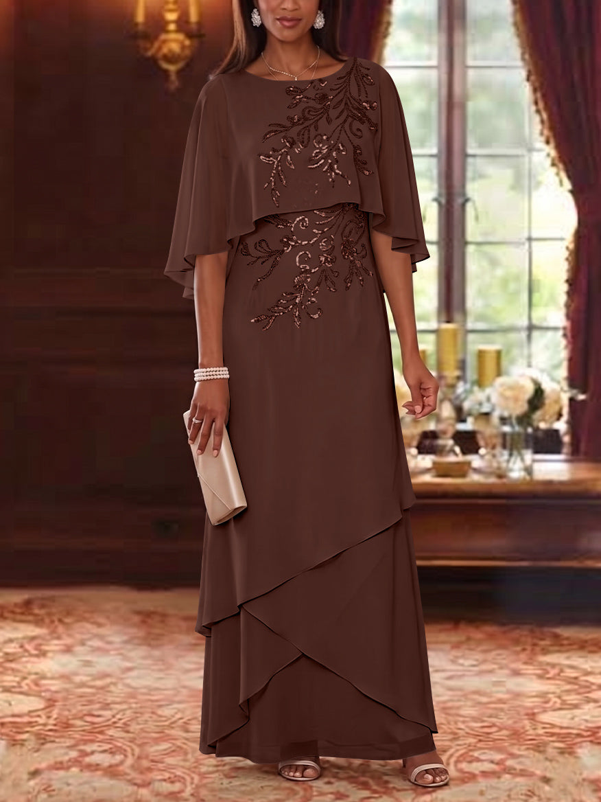A-Line/Princess Scoop Chiffon Mother of the Bride Dresses Cape Sleeves Floor-Length Floral Sequins