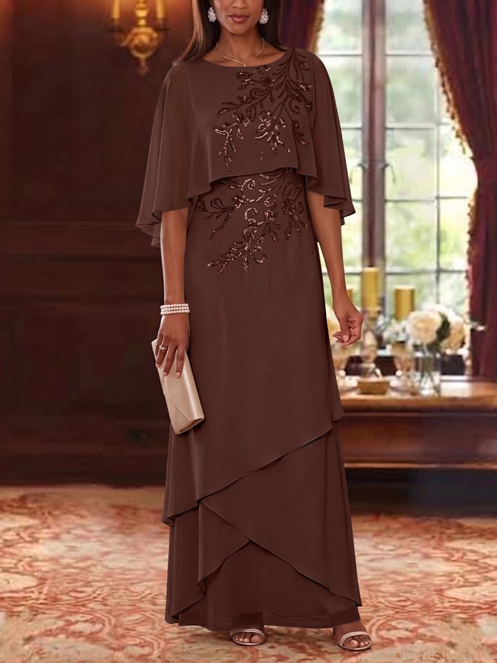 A-Line/Princess Scoop Chiffon Mother of the Bride Dresses Cape Sleeves Floor-Length Floral Sequins