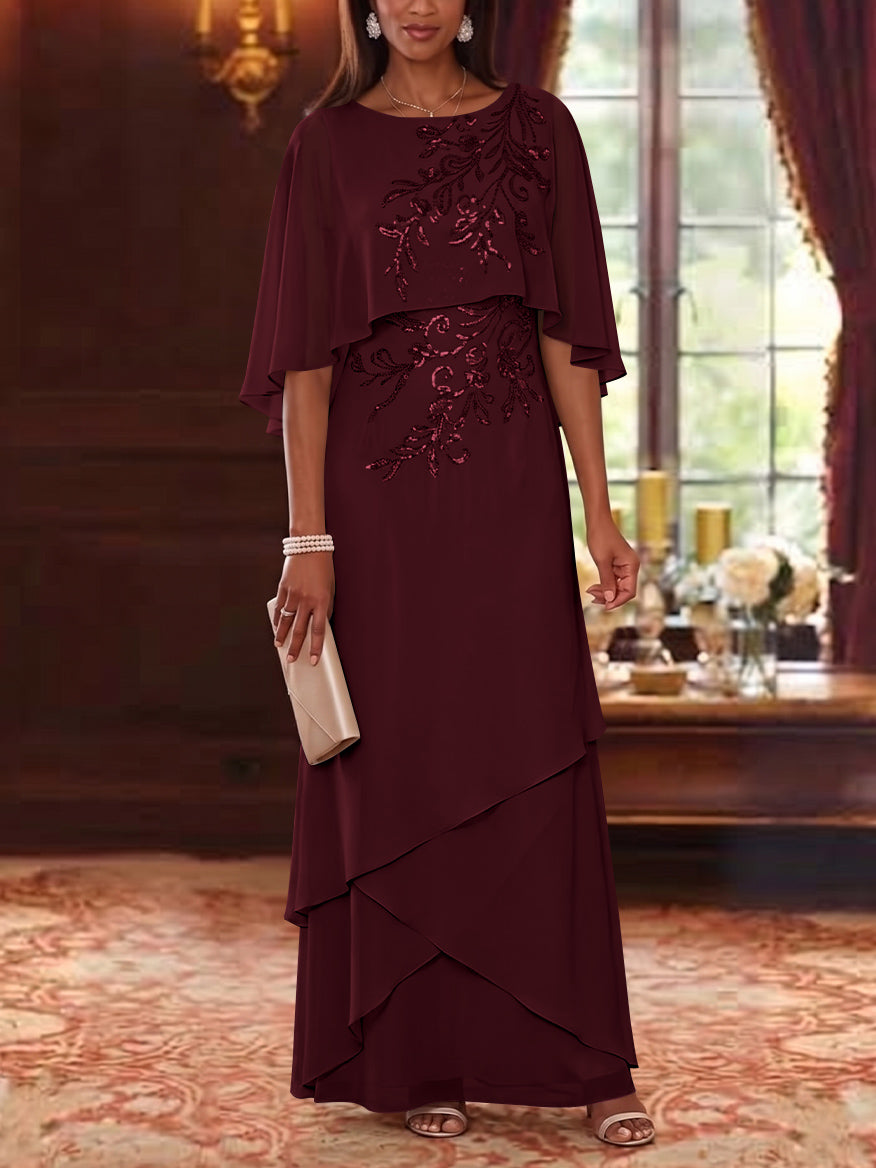 A-Line/Princess Scoop Chiffon Mother of the Bride Dresses Cape Sleeves Floor-Length Floral Sequins