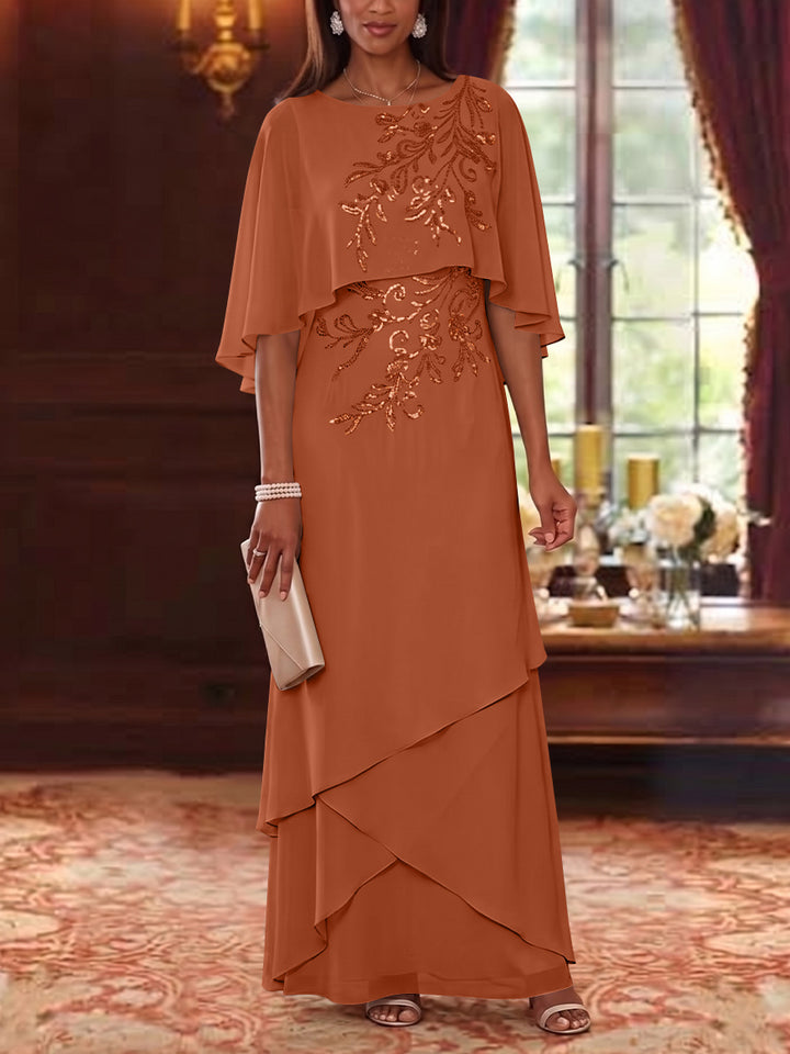A-Line/Princess Scoop Chiffon Mother of the Bride Dresses Cape Sleeves Floor-Length Floral Sequins