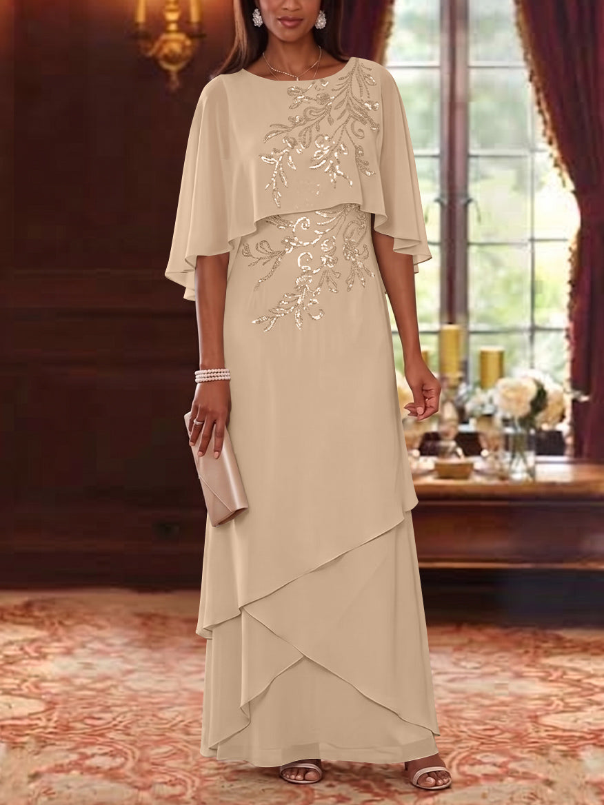 A-Line/Princess Scoop Chiffon Mother of the Bride Dresses Cape Sleeves Floor-Length Floral Sequins