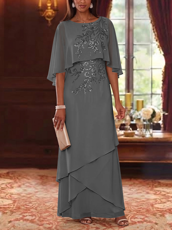 A-Line/Princess Scoop Chiffon Mother of the Bride Dresses Cape Sleeves Floor-Length Floral Sequins