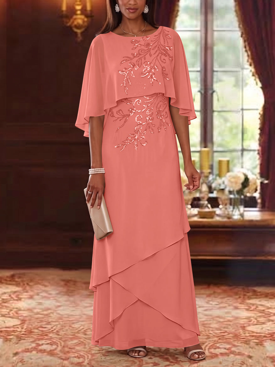A-Line/Princess Scoop Chiffon Mother of the Bride Dresses Cape Sleeves Floor-Length Floral Sequins