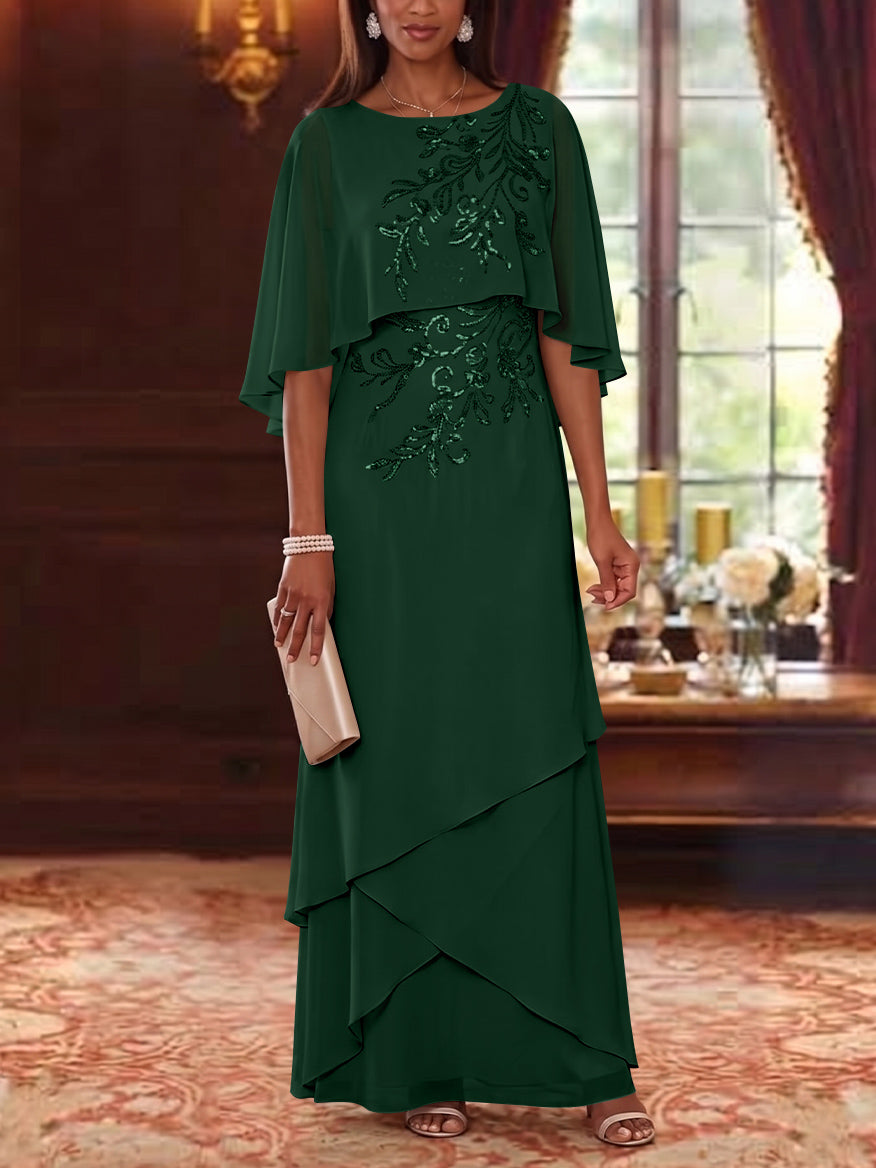 A-Line/Princess Scoop Chiffon Mother of the Bride Dresses Cape Sleeves Floor-Length Floral Sequins