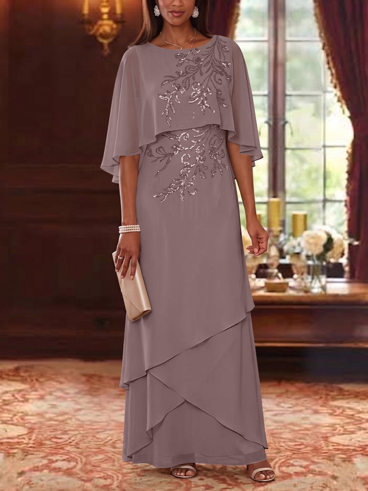 A-Line/Princess Scoop Chiffon Mother of the Bride Dresses Cape Sleeves Floor-Length Floral Sequins