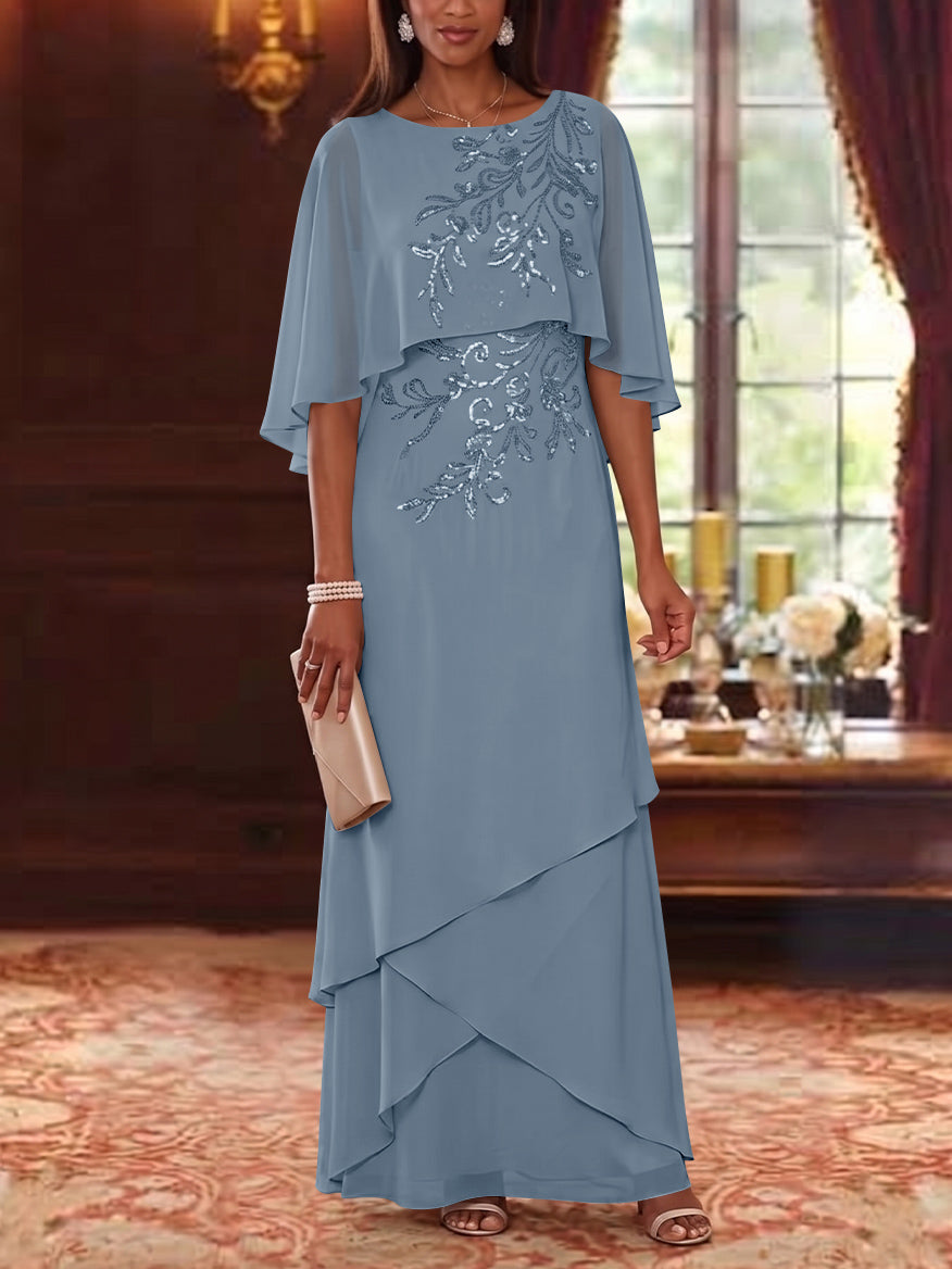 A-Line/Princess Scoop Chiffon Mother of the Bride Dresses Cape Sleeves Floor-Length Floral Sequins