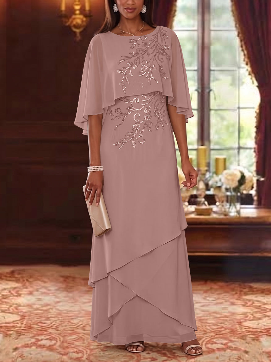 A-Line/Princess Scoop Chiffon Mother of the Bride Dresses Cape Sleeves Floor-Length Floral Sequins