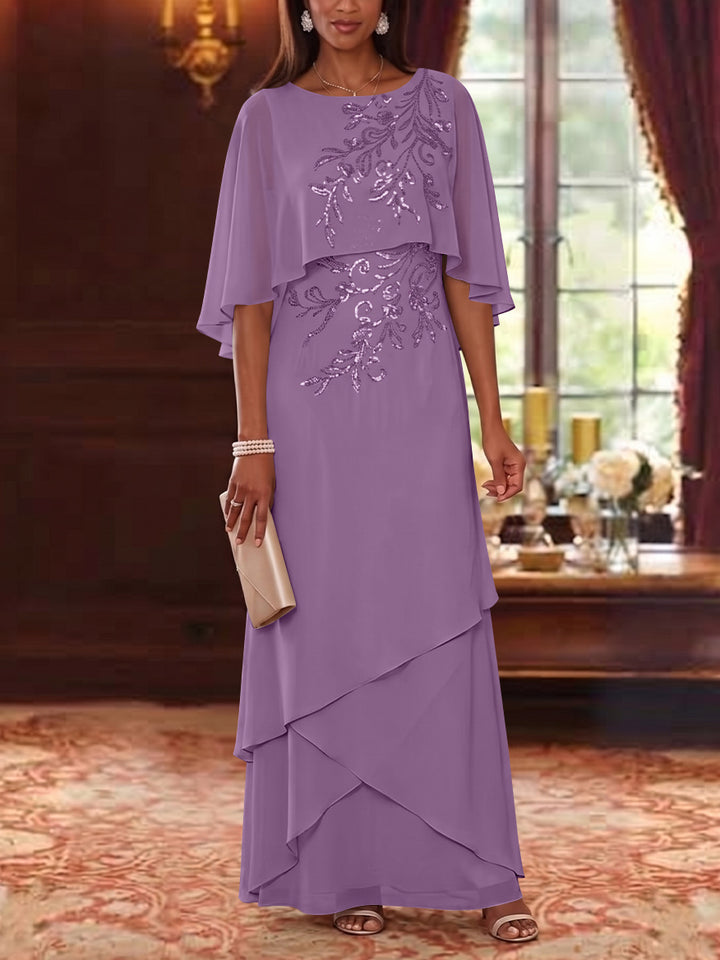 A-Line/Princess Scoop Chiffon Mother of the Bride Dresses Cape Sleeves Floor-Length Floral Sequins