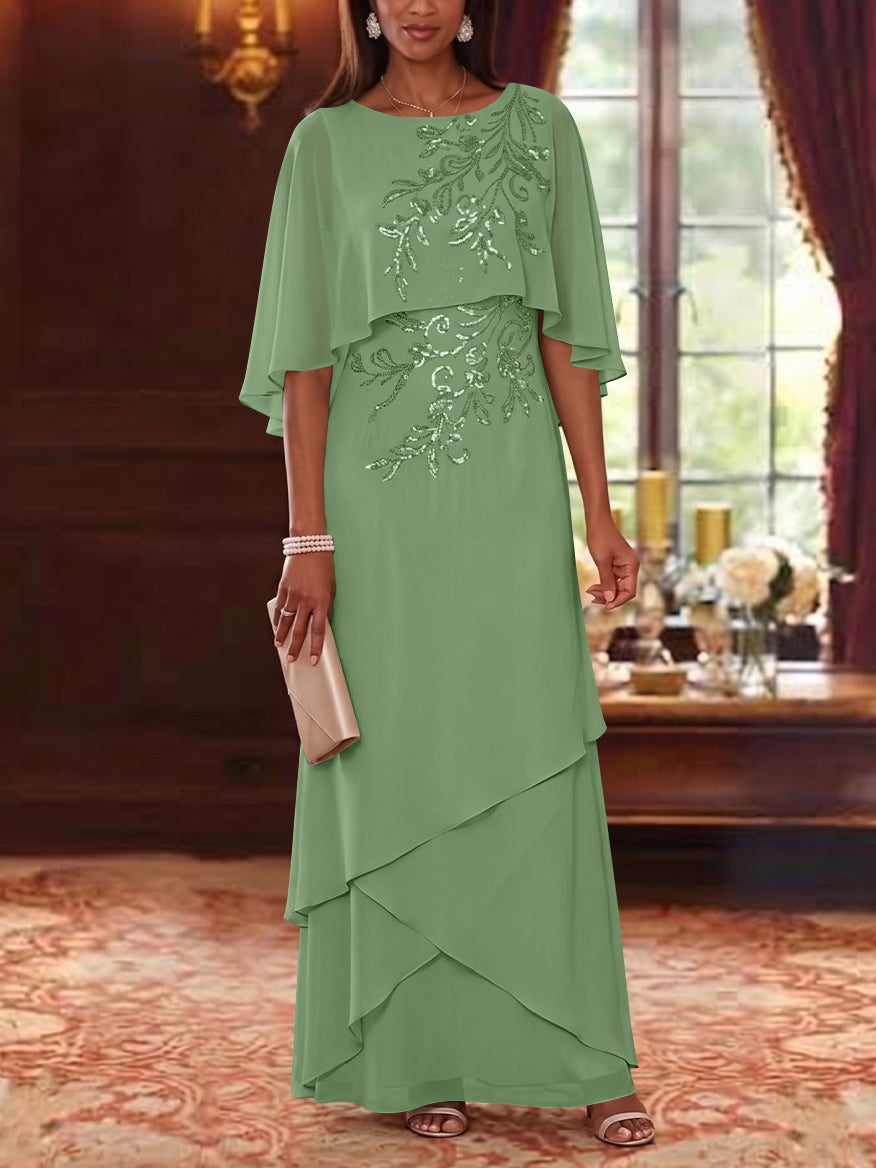 A-Line/Princess Scoop Chiffon Mother of the Bride Dresses Cape Sleeves Floor-Length Floral Sequins