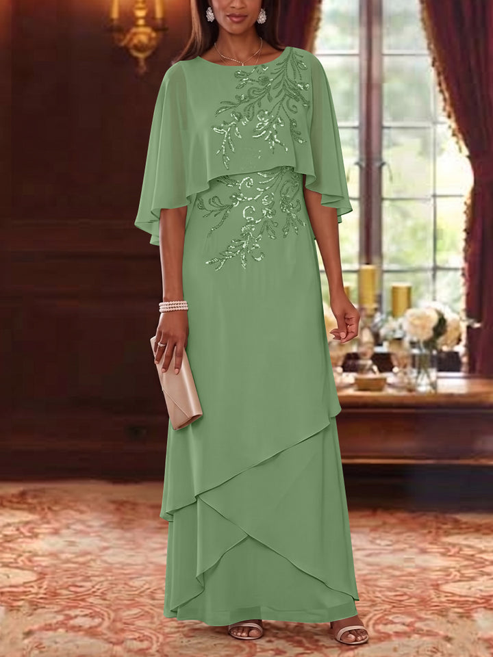 A-Line/Princess Scoop Chiffon Mother of the Bride Dresses Cape Sleeves Floor-Length Floral Sequins