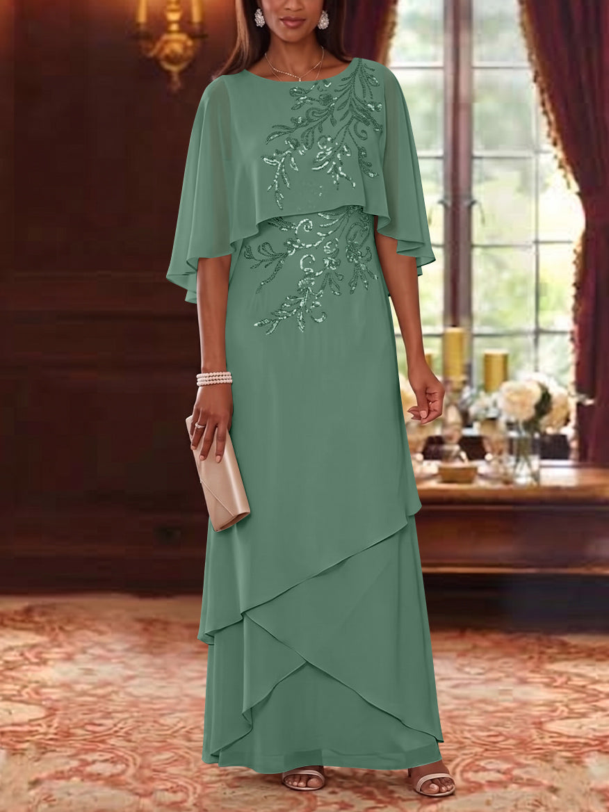A-Line/Princess Scoop Chiffon Mother of the Bride Dresses Cape Sleeves Floor-Length Floral Sequins