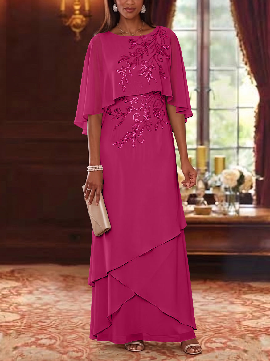 A-Line/Princess Scoop Chiffon Mother of the Bride Dresses Cape Sleeves Floor-Length Floral Sequins