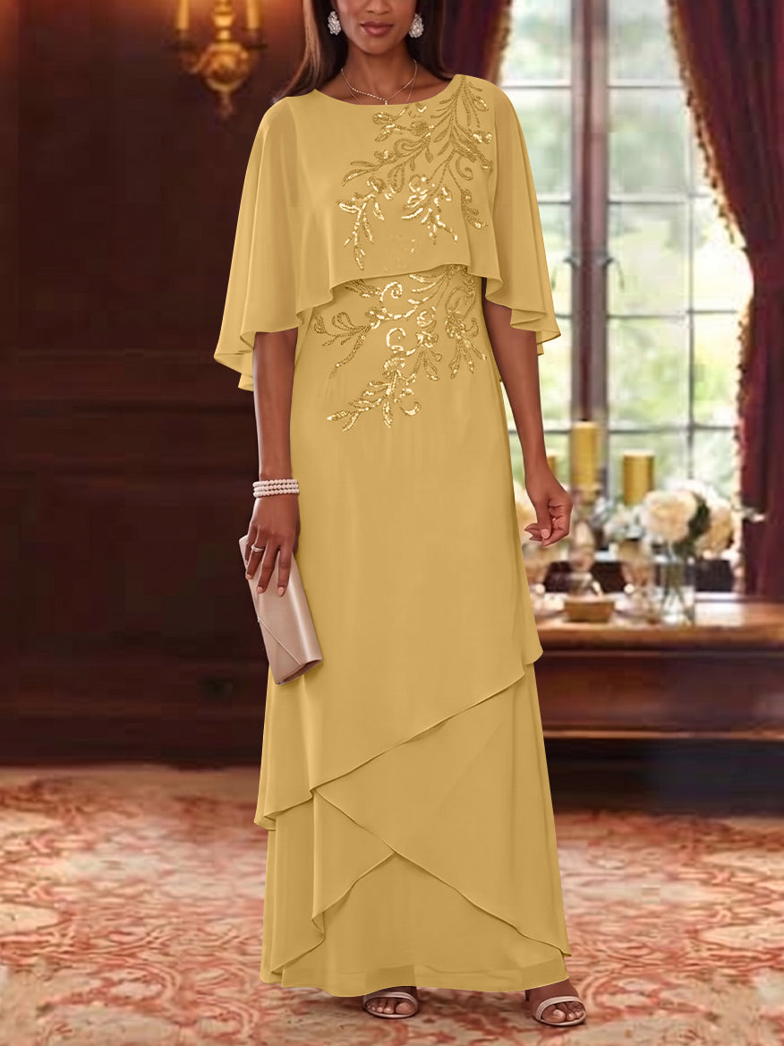 A-Line/Princess Scoop Chiffon Mother of the Bride Dresses Cape Sleeves Floor-Length Floral Sequins