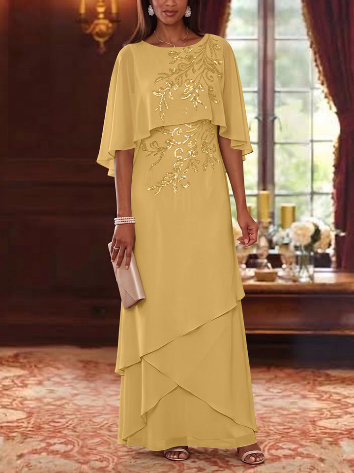 A-Line/Princess Scoop Chiffon Mother of the Bride Dresses Cape Sleeves Floor-Length Floral Sequins
