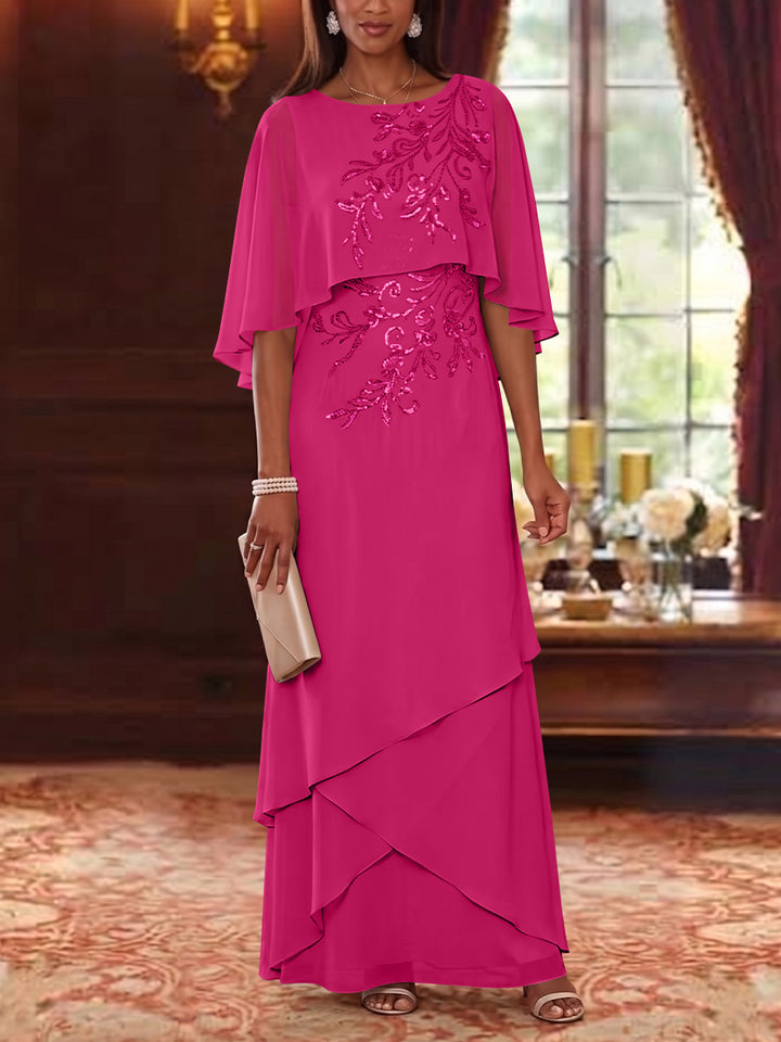 A-Line/Princess Scoop Chiffon Mother of the Bride Dresses Cape Sleeves Floor-Length Floral Sequins
