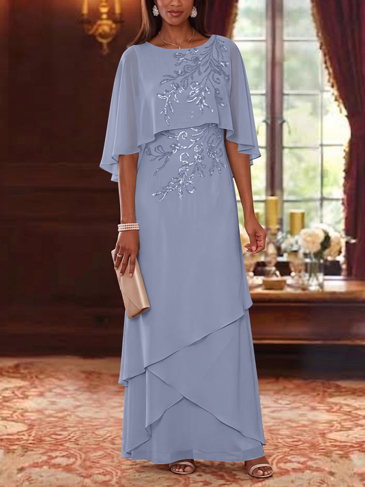 A-Line/Princess Scoop Chiffon Mother of the Bride Dresses Cape Sleeves Floor-Length Floral Sequins
