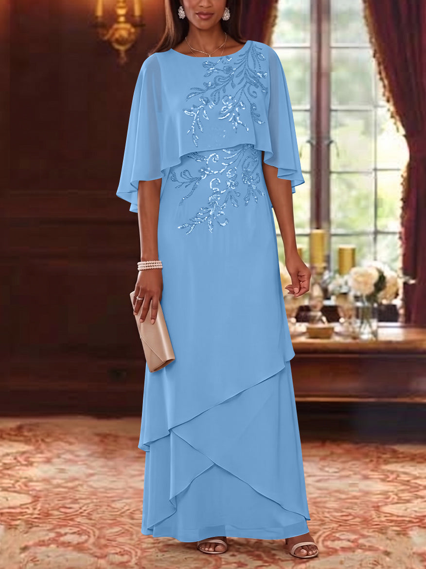 A-Line/Princess Scoop Chiffon Mother of the Bride Dresses Cape Sleeves Floor-Length Floral Sequins