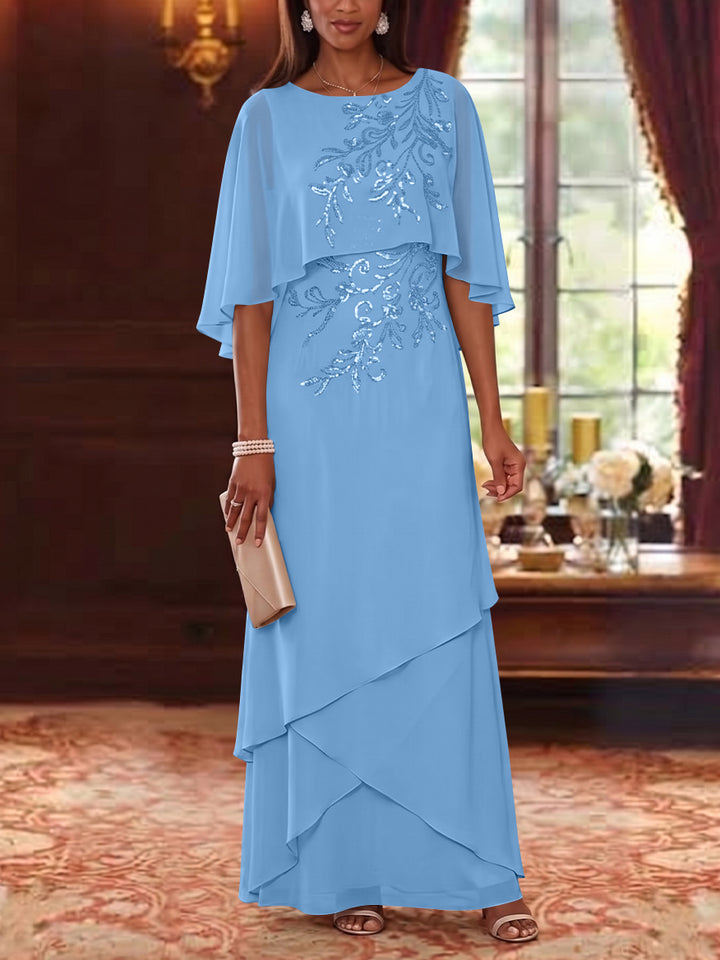 A-Line/Princess Scoop Chiffon Mother of the Bride Dresses Cape Sleeves Floor-Length Floral Sequins