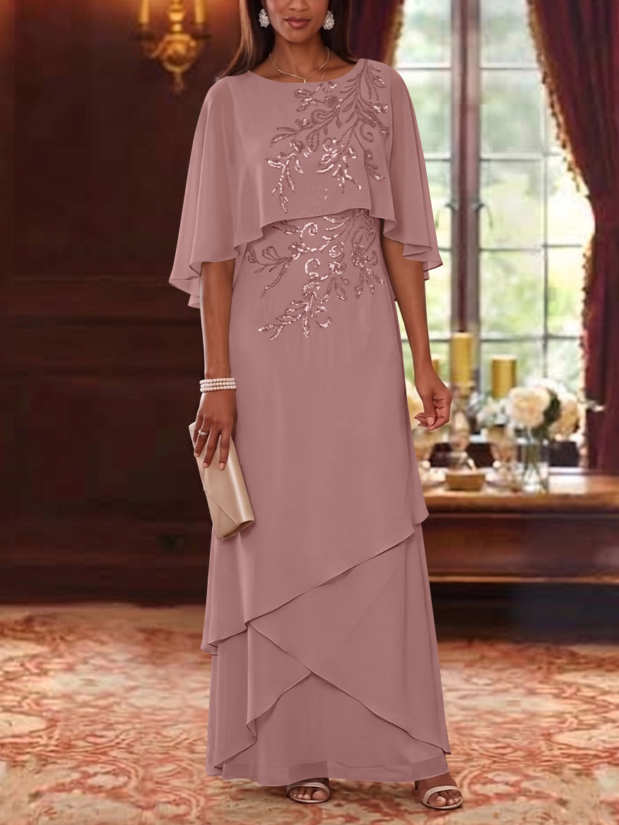 A-Line/Princess Scoop Chiffon Mother of the Bride Dresses Cape Sleeves Floor-Length Floral Sequins