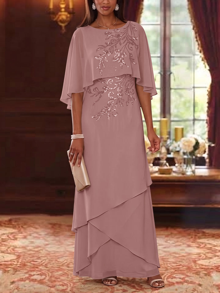 A-Line/Princess Scoop Chiffon Mother of the Bride Dresses Cape Sleeves Floor-Length Floral Sequins