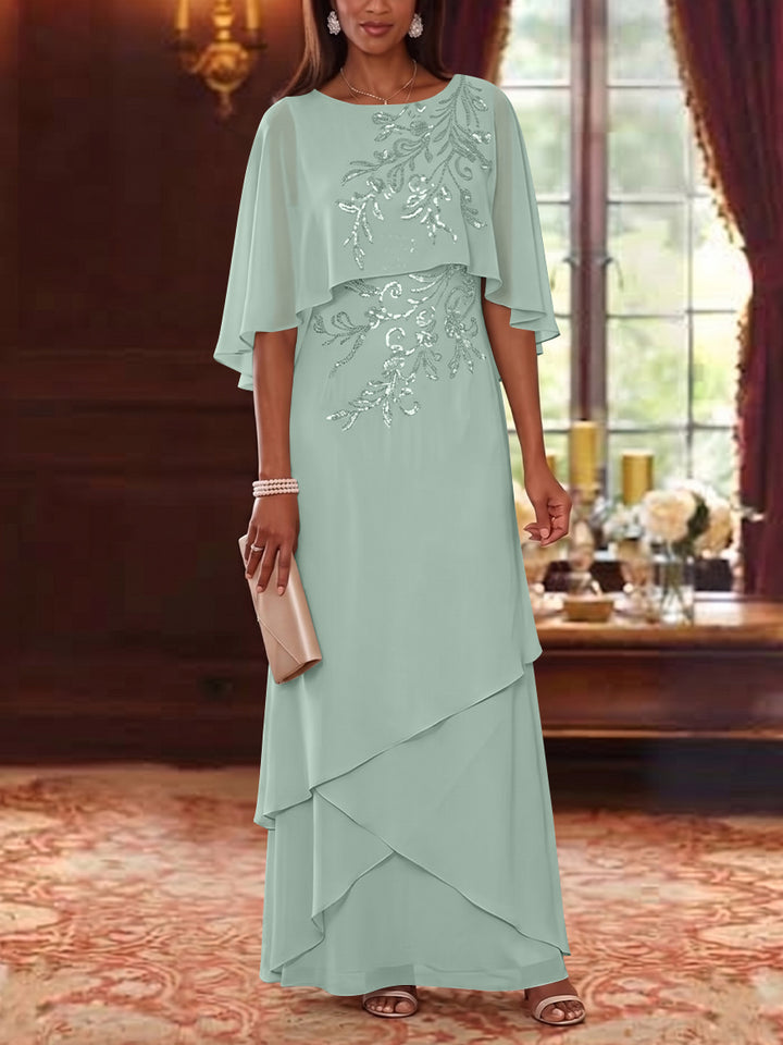 A-Line/Princess Scoop Chiffon Mother of the Bride Dresses Cape Sleeves Floor-Length Floral Sequins